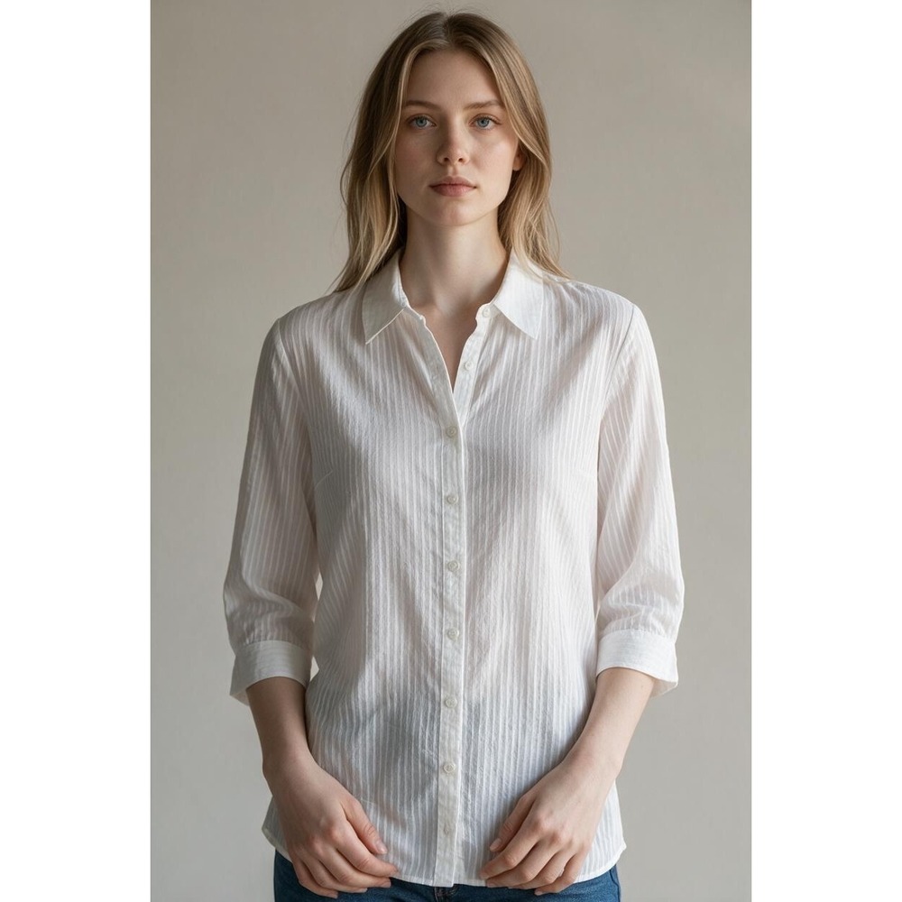 Coldwater Creek White Sheer Stripes Tunic Cotton 3/4 Roll Tab Sleeve Shirt L NEW